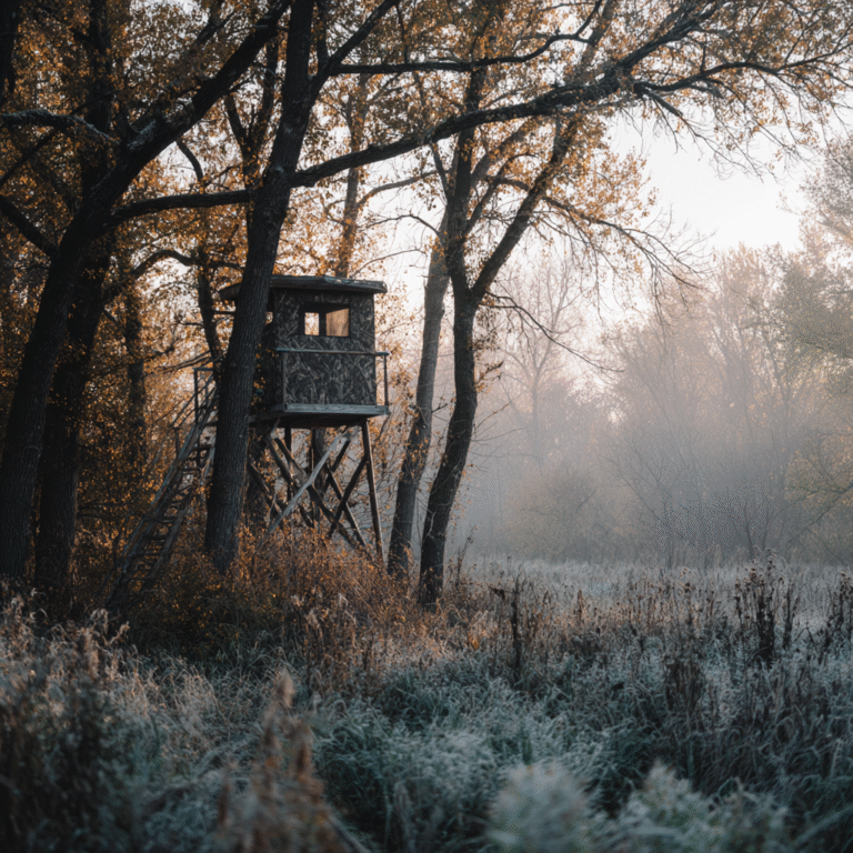 An elevated camouflaged box blind stands on stilts in a frosty, wooded field, illustrating a key tool for a successful hunting blind installation.