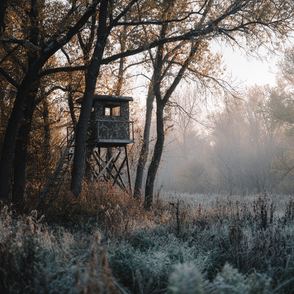 An elevated camouflaged box blind stands on stilts in a frosty, wooded field, illustrating a key tool for a successful hunting blind installation.