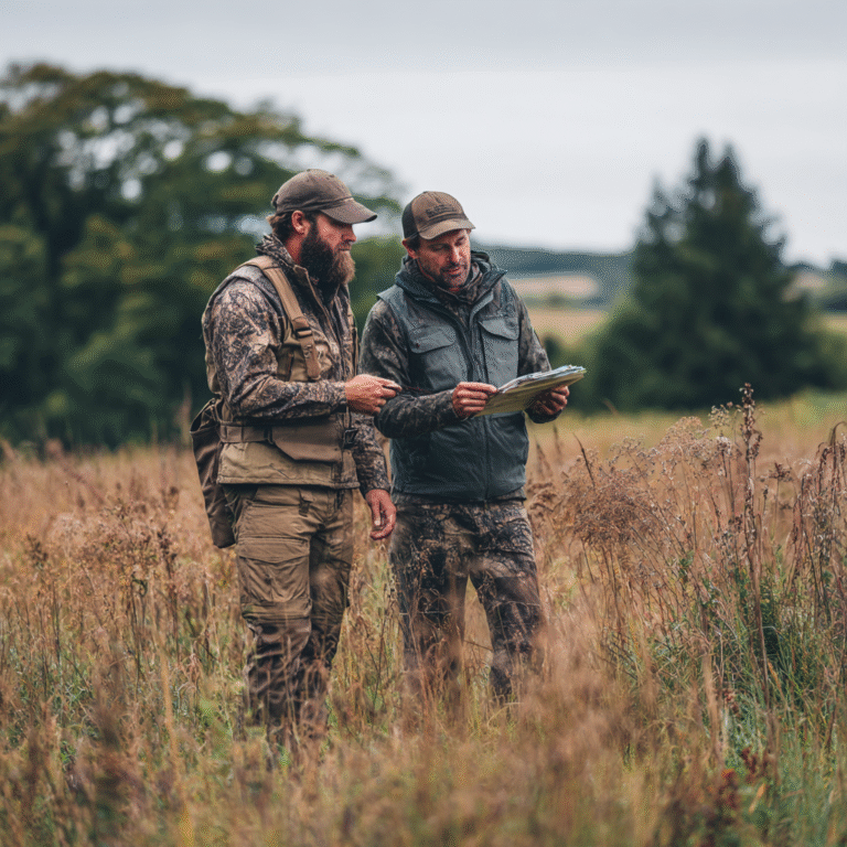 A habitat manager and a property owner in camouflage reviewing a strategic map on a clipboard during a hands-on land consultation.